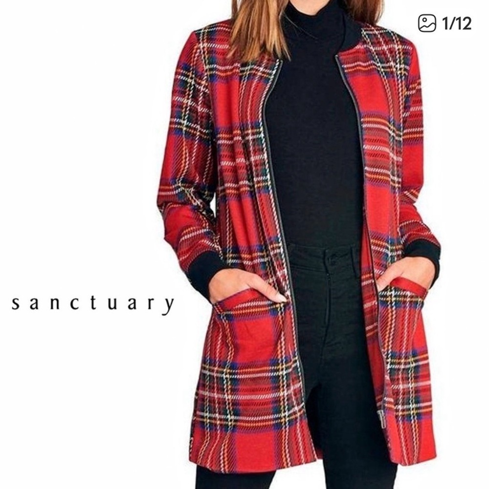 Sanctuary Red Plaid Long Jacket bomber size medium ex condition preppy 80s style